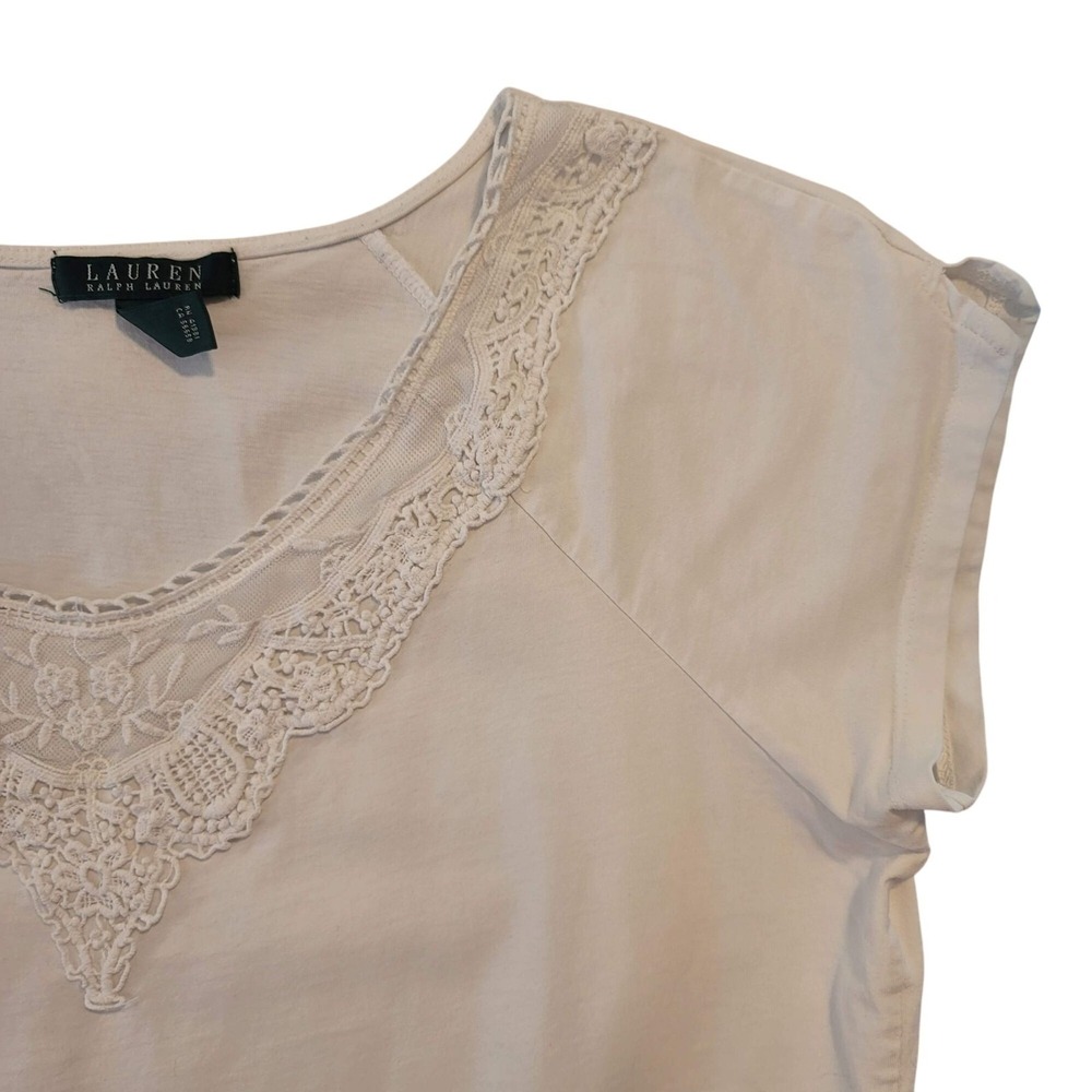 Lauren Ralph Lauren White Lace Trim Cotton Top L Summer Comfort Pullover Summer